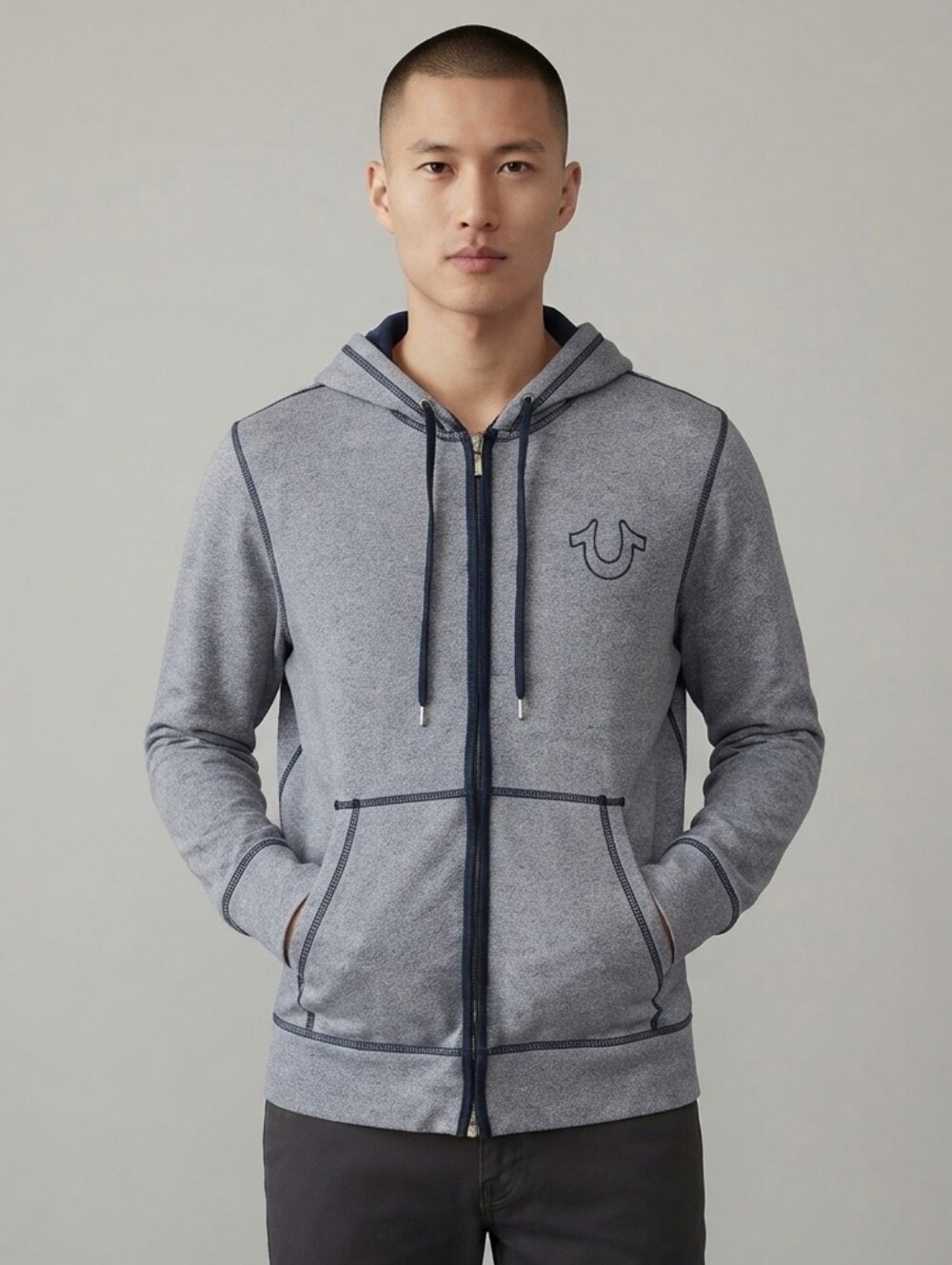 True Religion Men's Heather Gray & Navy Blue Full-Zip Hoodie XL